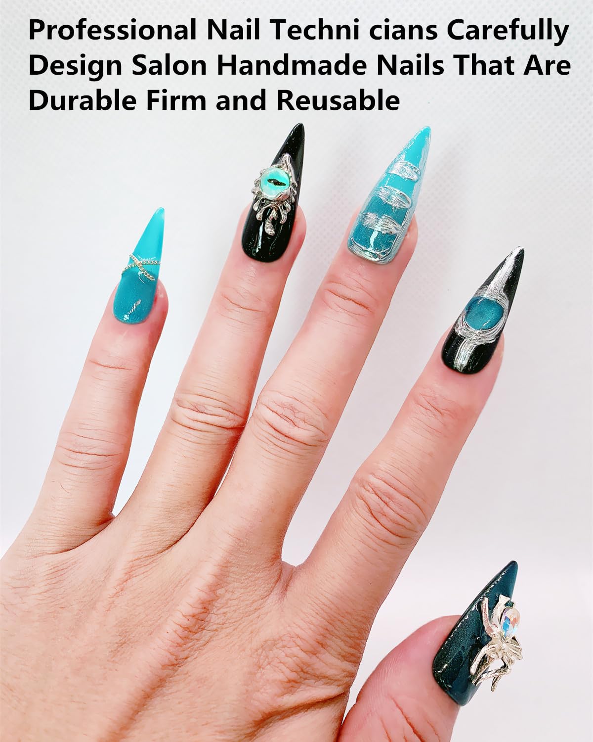 CAMILCY Press on Nails Handmade Nails Luxury Reusable Fake Nails For Girls long Almond Armor Tip Black Blue Diamonds HandPainted Salon Loveful Design Acrylic GelUV Finished 3D Nails 10PCS(A005, M)