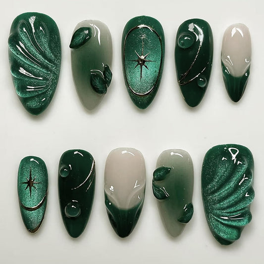 24Pcs Green Press on Nails Medium Almond Fake Nails with Green Ripple French Cat Eye Design Handmade Stick on Nails Glitter Full Cover Artificial Nails for Women DIY Manicure Daily Wear