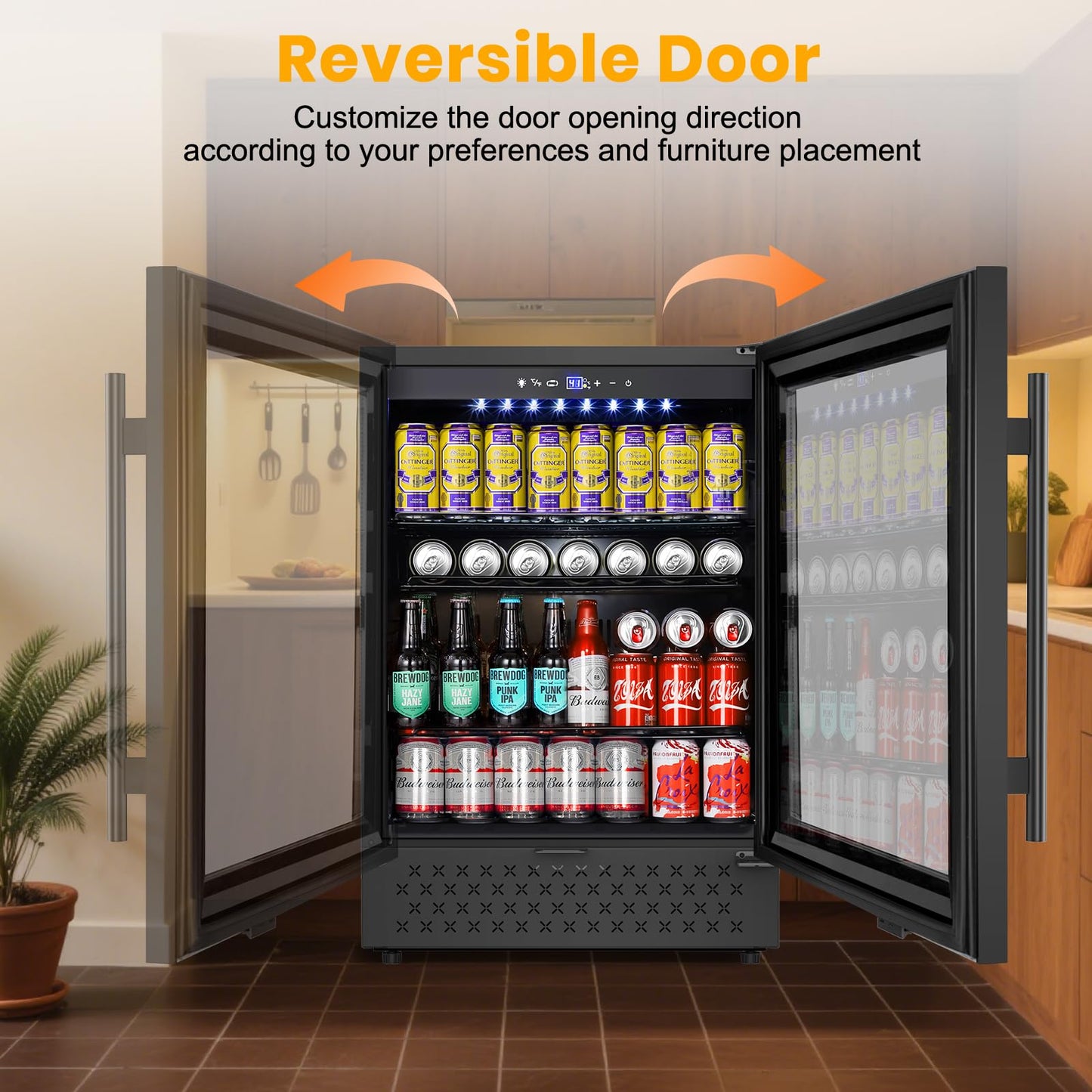 FoMup Beverage Refrigerator 24 Inch 200 Can Drink Fridge with Glass Door, Under Counter/Freestanding Beverage Cooler with Temperature Control, Reversible Door, Quick Cooling for Beer Soda Wine, Black