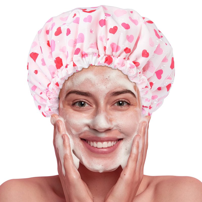 Shower Cap for Women Terry Lined Bath Cap Large Reusable Waterproof Elastic Band Pink Shower Caps for Long Thick Hair Soft Bath Shower Hair Caps