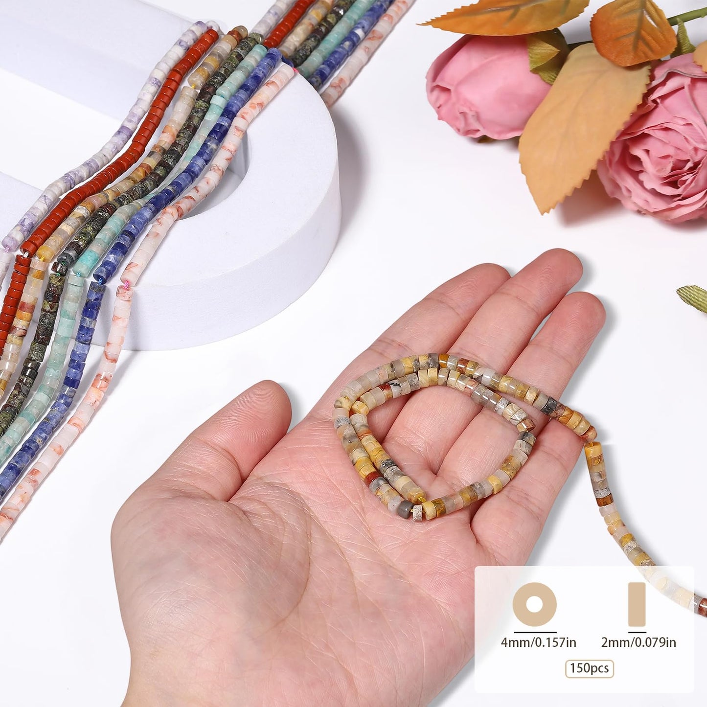 NITOPUPU 150Pcs 4×2mm Natural Mixed Color Spacer Stone Beads for Jewelry Making Supplies, Loose Semi Flat Round Gemstone Tube Beads for Bracelets DIY Crafts