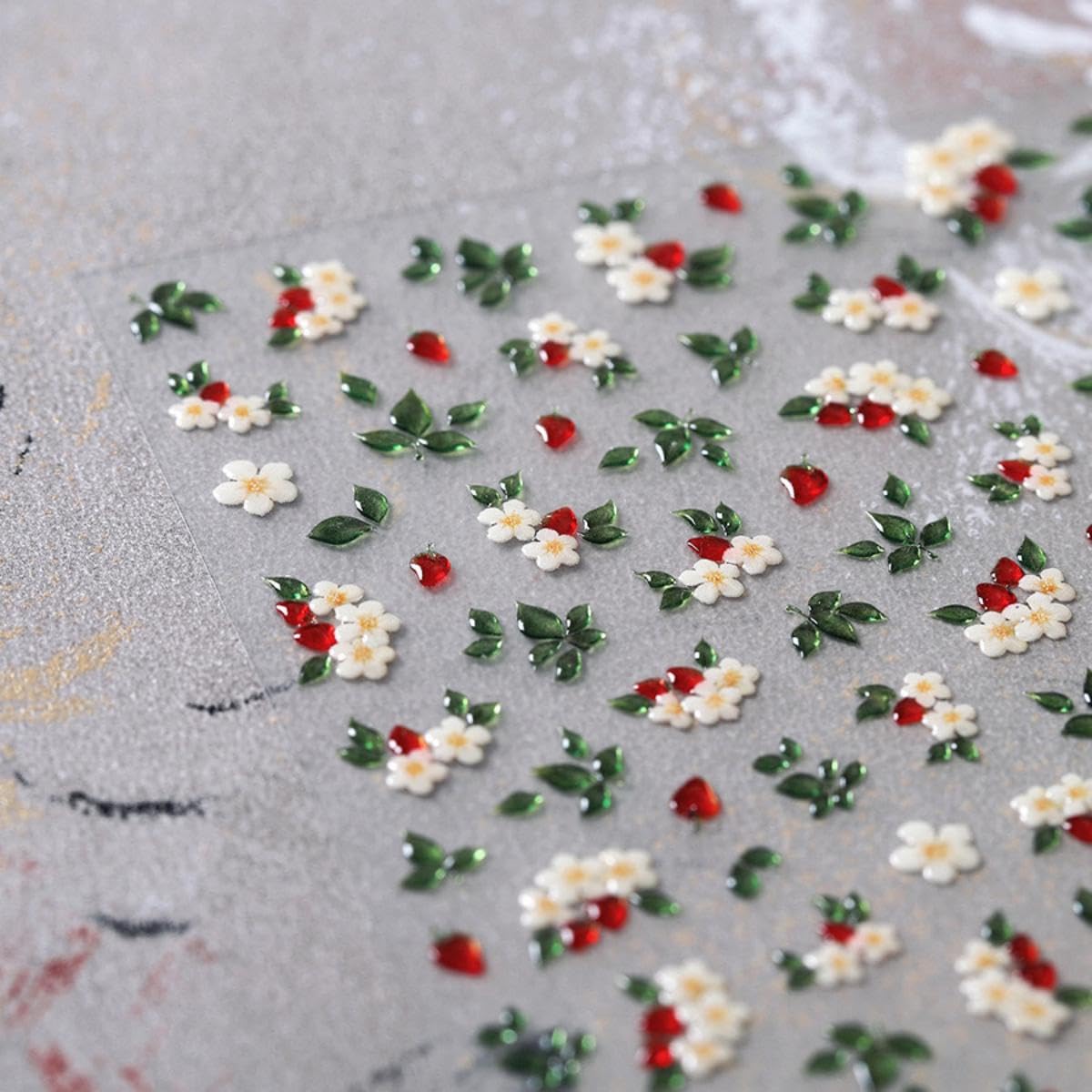 5D Embossed Flower Nail Art Stickers Green Leaf Nail Stickers with Red Pepper Self-Adhesive Flower Nail Decals for Women Girls Spring Summer Manicure DIY Nail Supplies
