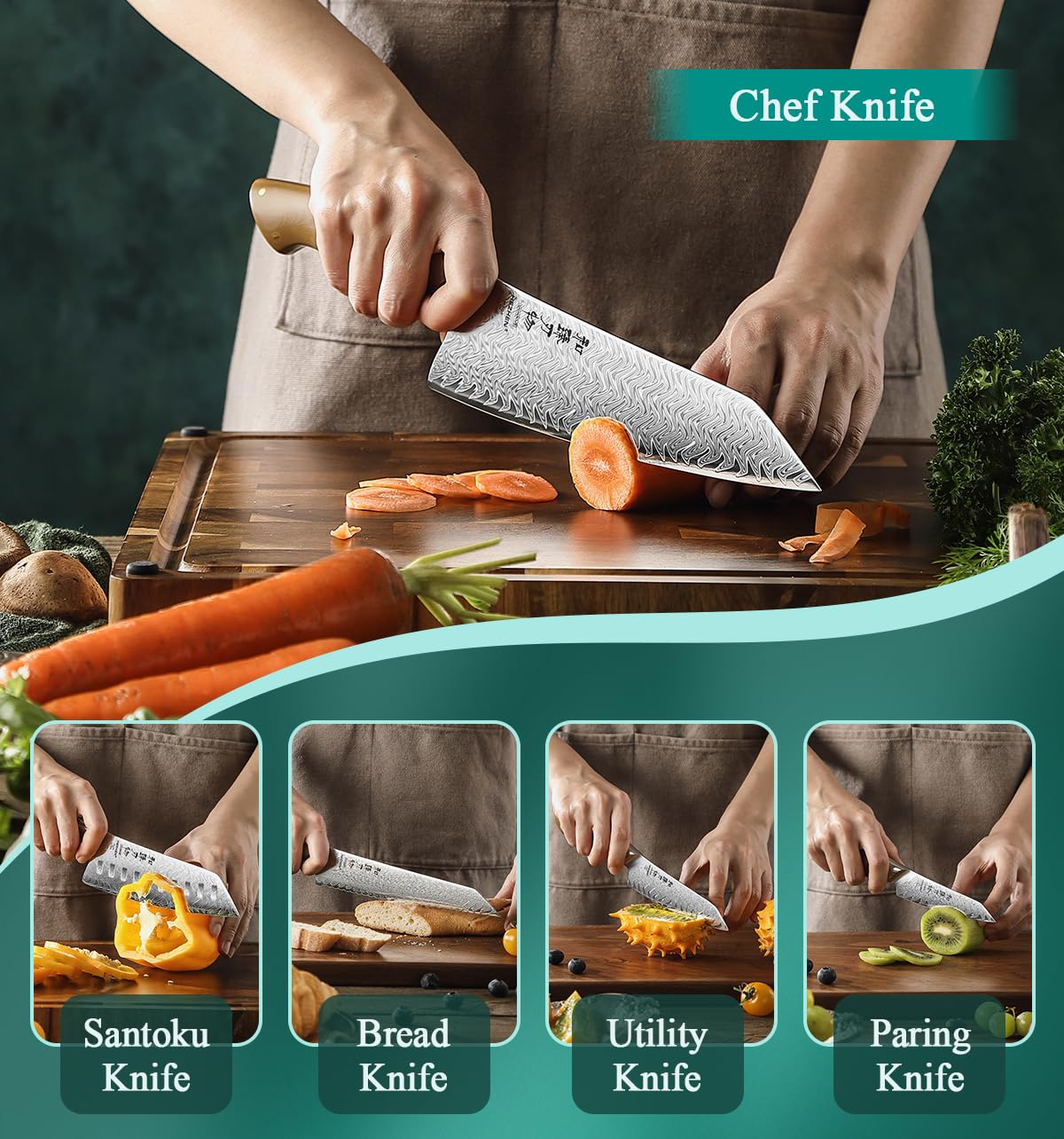 HEZHEN Chef Knife Set, 5 Pieces, 67 Layers Damascus Steel Kitchen Knife Set, ltra-sharp Blade, Professional Knife Sets for Chefs and Home Cooking, Linen Micarta Handle, Gift Packing