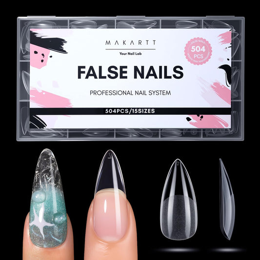 Makartt Medium Sharp Almond Nail Tips: Hybrid Almondetto Shape, 15 Sizes Clear Full Cover Fake Nails Extension, 504PCS Half Matte Soft Gel Tips for DIY Nail Lovers, Press-on Creators, Salon Supplies