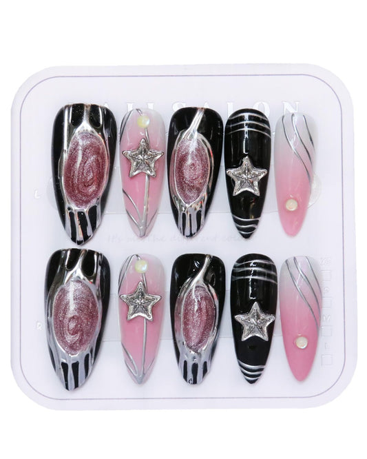 CAMILCY Luxury Handmade Press on Nails Y2K Pink Black Nails Long Stiletto Handmade Chrome Star 3D Design Glossy Acrylic Fake Nails Goth Reusable Stick on Nails for Women 10pcs(A045, S)