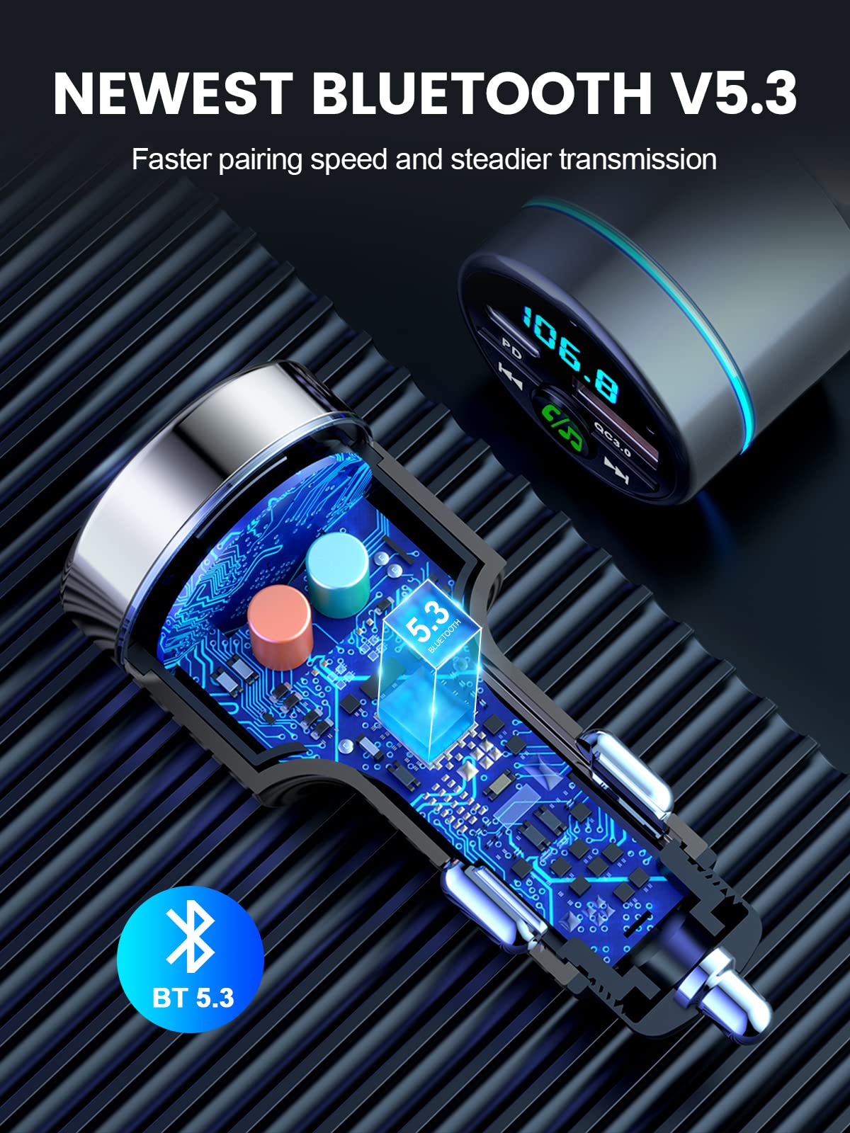 FM Transmitter for Bluetooth 5.3, [All-Metal] PD 30W & QC3.0 18W Fast Car Charger, Wireless FM Radio Kit Bluetooth Car Adapter, Noise Cancelling Hands-Free Call, Blue Light - Silver