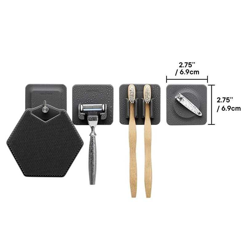 TOOLETRIES The 4-in-1 Tile Series - Secure Holders, Silicone Toiletry Organizer, Shower & Bathroom Accessory - Features Silicone-Grip Technology, Removable & Reusable - Charcoal