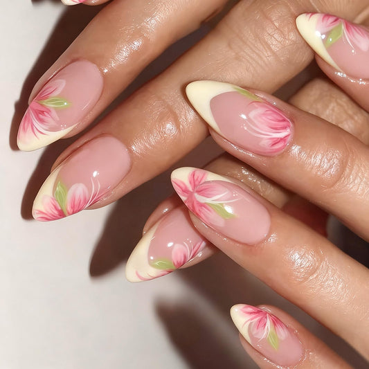 Yellow French Tip Press on False Nails Flower Fake Nails Medium Almond Glue on Nails with Pink Floral Designs Glossy Nude Press ons Stick on Nail for Women Manicure 24Pcs