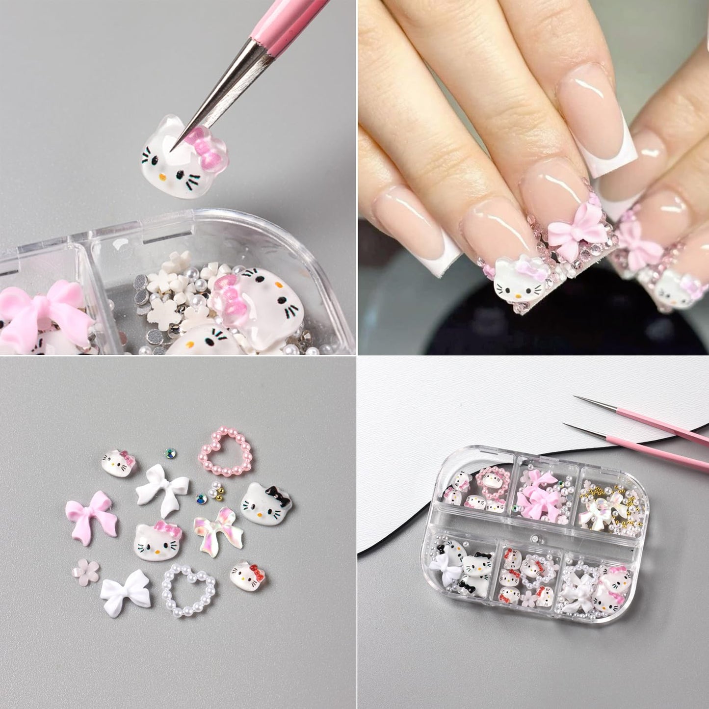 6Girds/Box Cartoon Nail Art Charms Set, 3D Cute Nail Rhinestones Charm Nail Bow and Heart 3D Flowers for Nails Design, Gems Pearls Nail Jewelry DIY Crafts Nail Art Accessories Manicure Tools