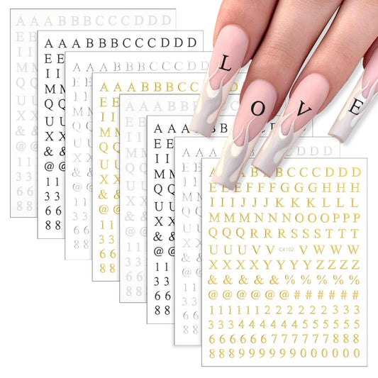 8 Sheets Letter Nail Stickers for Nail-Art, Holographic Digital Letter Nail Art Stickers Alphabet Numbers Nails Decals 3D Black Silver Gold Nails Letters Sticker for Women Girls Manicure DIY