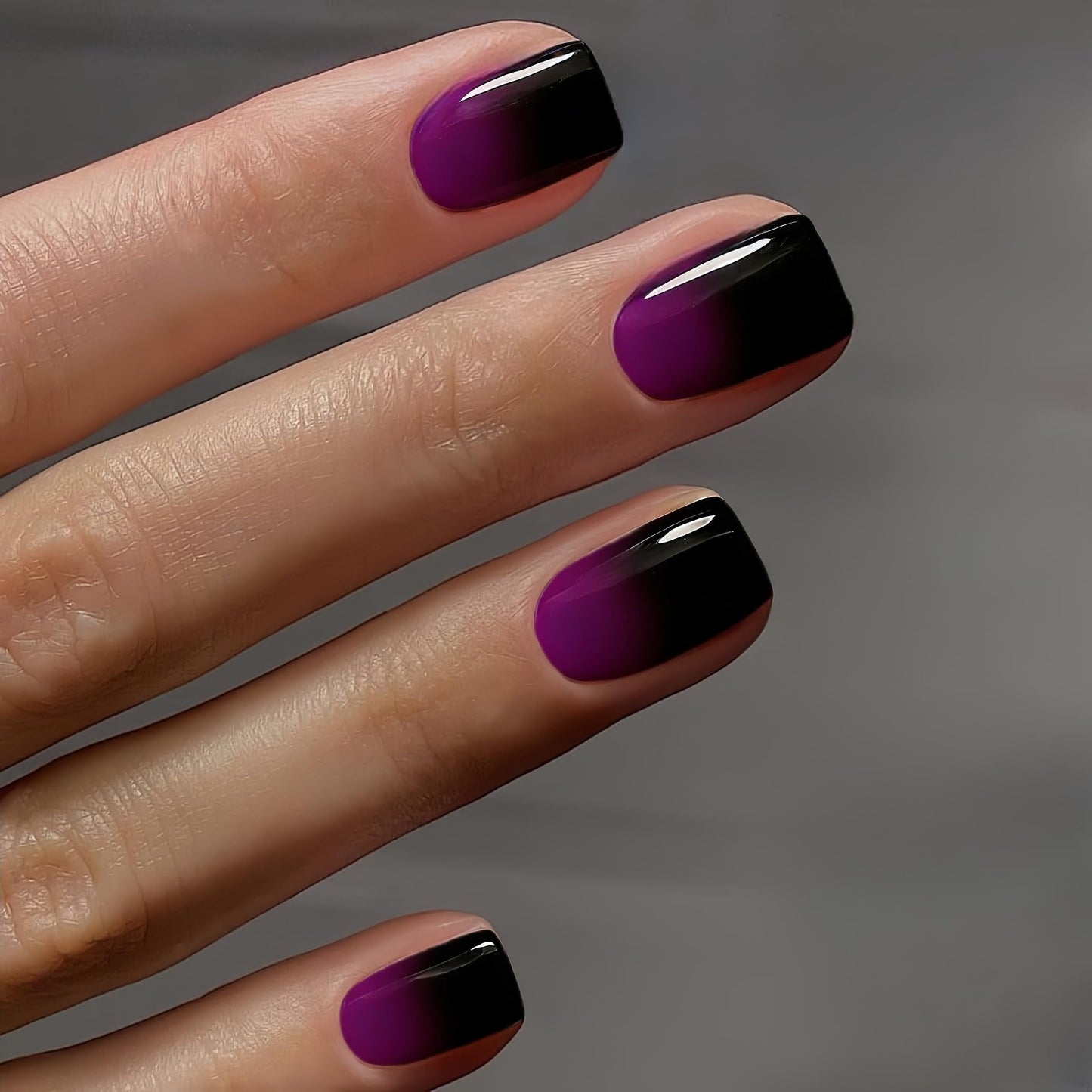 Ombre Press on Nails Short Square, Short Fake Nails Glue on Gradient Purple Black Nails Press ons, Salon-Quality, Dark Soft Gel Glue on Stick on Nail for Women 30 Pcs 15 Sizes