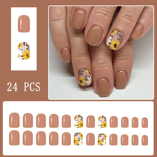 Brown Flower Press on Nails Short Square Fake Nails with Yellow Cute Daisy Sunflower Fall Designs Glossy Acrylic Kit Simple Stick on False Nails for Women Girls 24Pcs