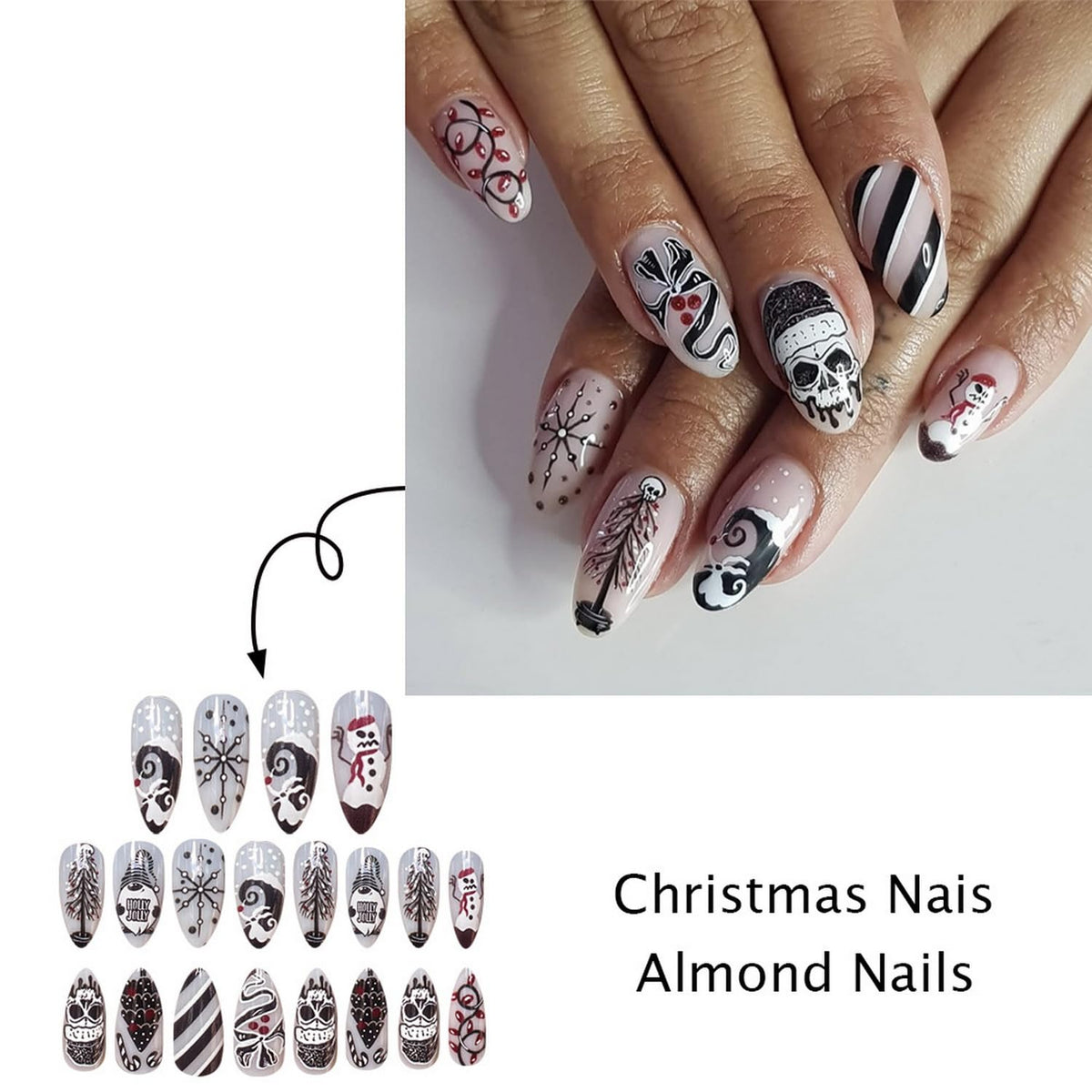24pcs Christmas Press on Nail Almond Shape Fake Nails Full Cover Black White Press ones with Skull Christmas Tree Striped Snowflakes designs Winter Holiday False Nails Glossy Glue on Nails for Women