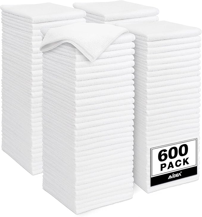 AIDEA Microfiber Cleaning Cloth White-600PK, Soft Microfiber Towels for Cars, Absorbent Cleaning Rags, Lint-Free Streak-Free Wash Cloths for House, Kitchen, Window,11.5"Ã11.5"
