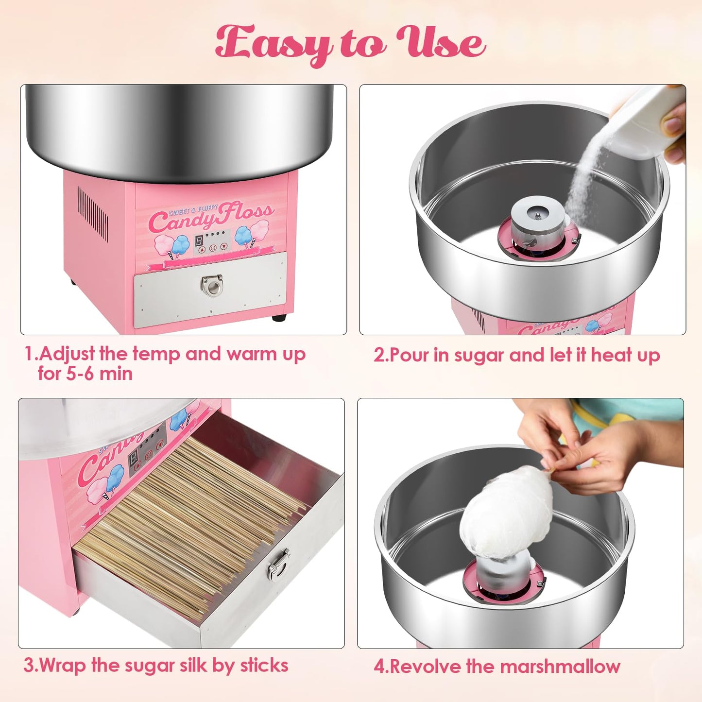 Candy Cotton Machine for Kids, Electric Commercial Candy Cotton Maker with 20 in Stainless Steel Bowl for Home Family Party Festival Pink