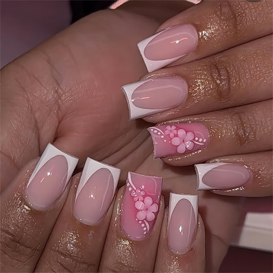 Pink Flower Press on Nails Medium Square Fake Nails White French Tip Acrylic False Nails with Spring Floral Designs Glue on Nail Glossy Artificial Nails Full Cover Stick on Nail for Women 24Pcs
