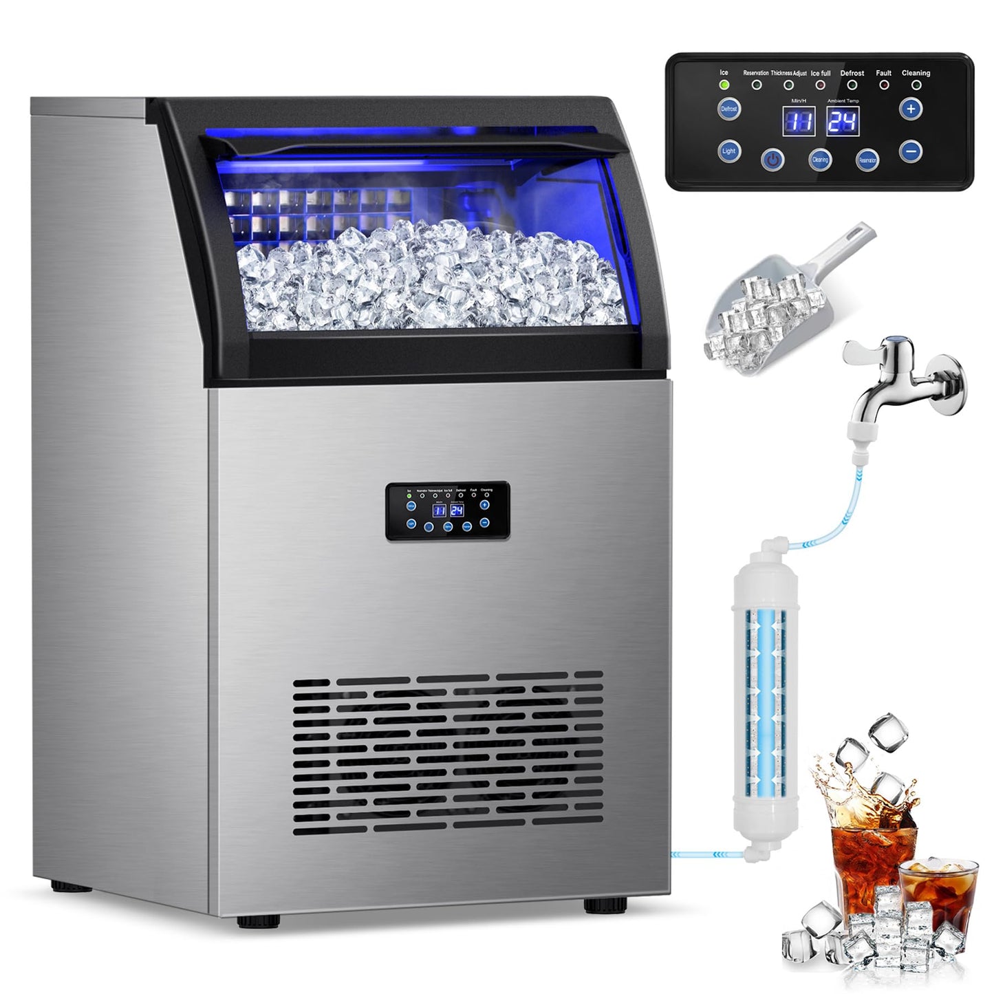 Commercial Ice Maker Machine, 150Lbs/24H with 45Lbs Large Ice Capacity, 55Pcs Clear Ice Cubes Ready in 8-15Mins, Freestanding Stainless Steel Ice Making Machine for Home Party Bar