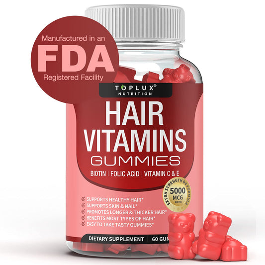 Hair Vitamin Gummies Supplement for Women & Men – Hair Growth Vitamins 5000mcg Biotin Gummies, Folic Acid, Vitamin C & E, Support Stronger & Thicker Hair, Skin, Nails, Non-GMO Vegam for, 60 Count