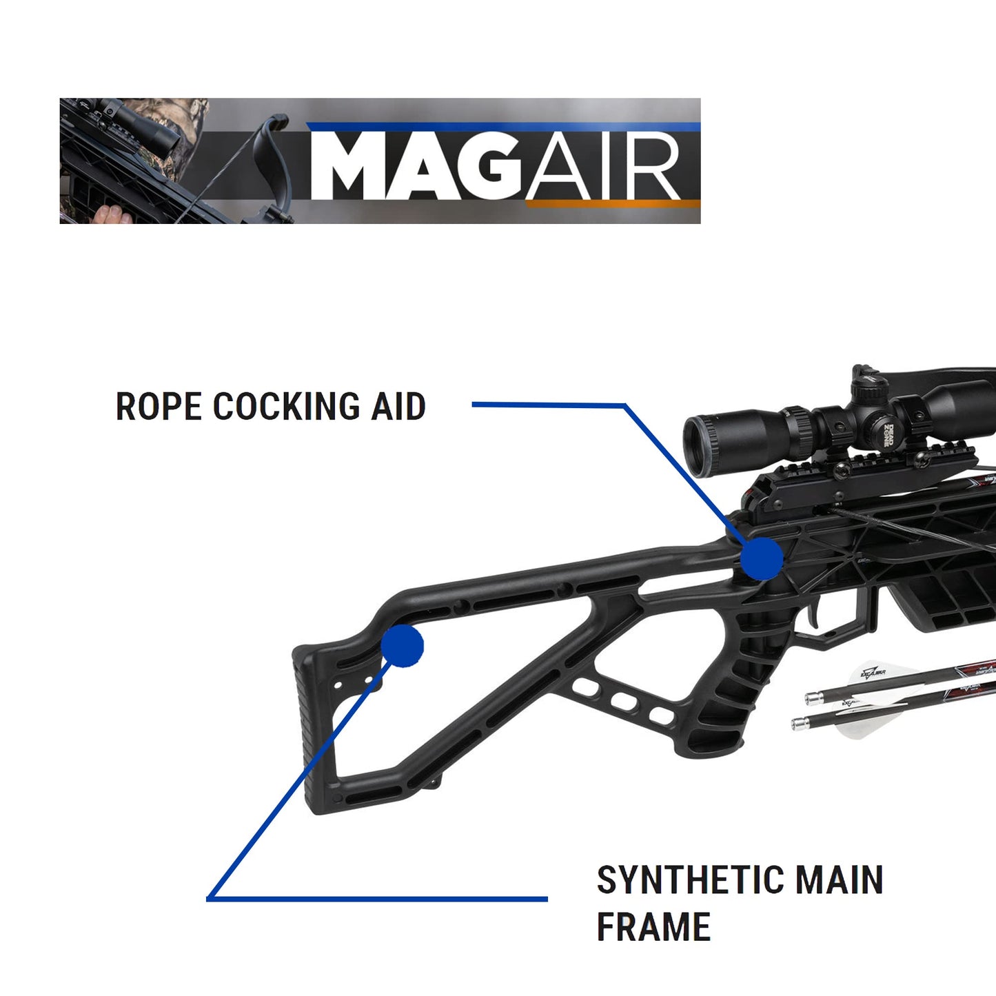 Excalibur Mag AIR Accurate Lightweight Durable Safety Versatile Hunting Archery Crossbow - 1-inch Scope Rings, 3 Quill 16.5" Arrows, 4-Arrow Quiver Included