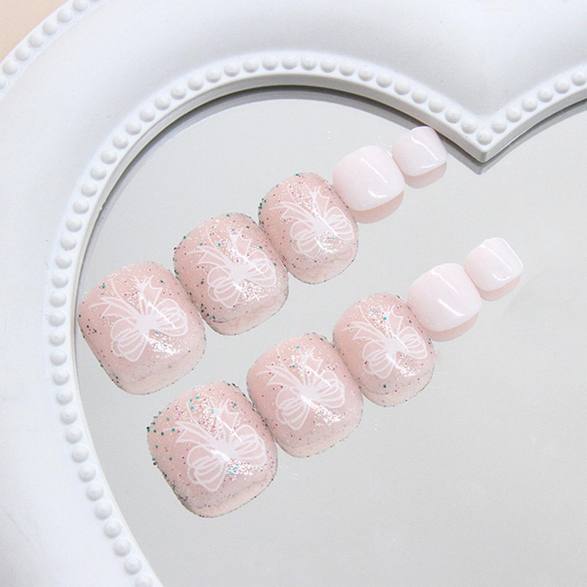 IMRAIN White Press on Toenails Short Square Fake Toe Nails Glitter Cute Summer Acrylic False Toenails Full Cover Glossy Glue on Toe Nails for Women Girls 24Pcs