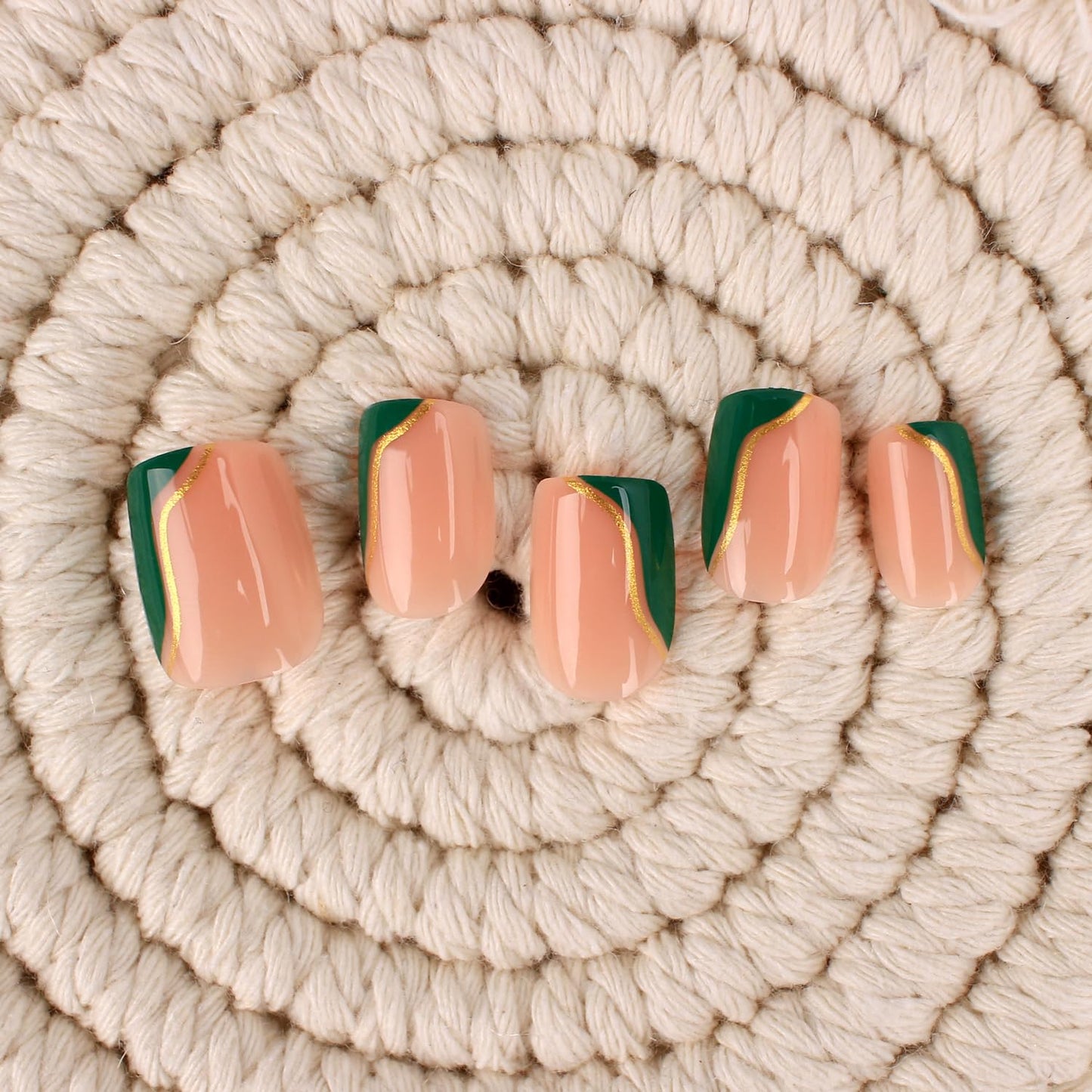 Stbisen Green Press On Nails Short Square, Summer Nude Fake nials with Green Wavy French Tips and Gold Metallic Trim Line, Reusable Thick Natural Glue On Nails for Women Gift, Suitable for Work, 30Pcs