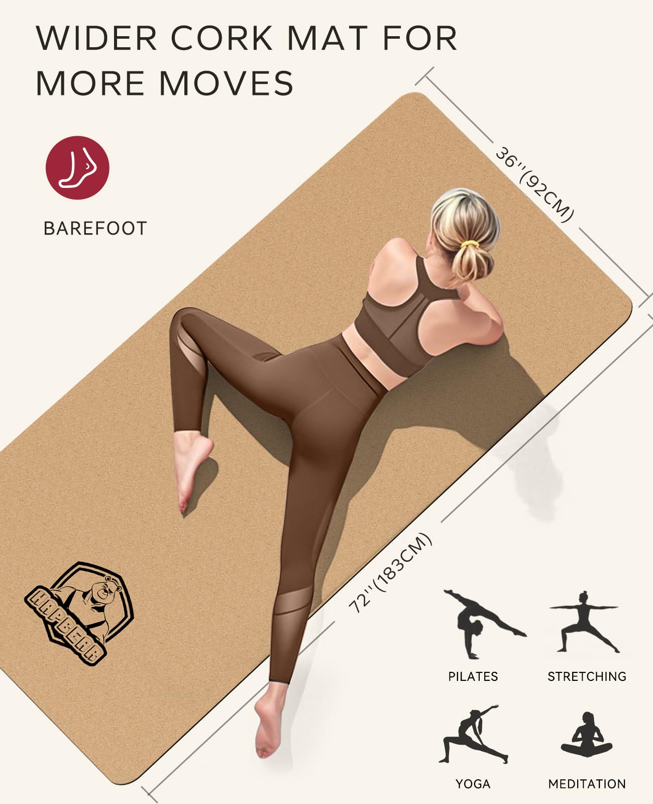 HAPBEAR Large Cork Yoga Mat - 72"x36" Wide Non-Slip for Home Workout, Yoga, Pilates & Stretching - 6mm Cushioned Support - Eco-Friendly & Durable - Bonus Resistance Bands & Carry Bag Included