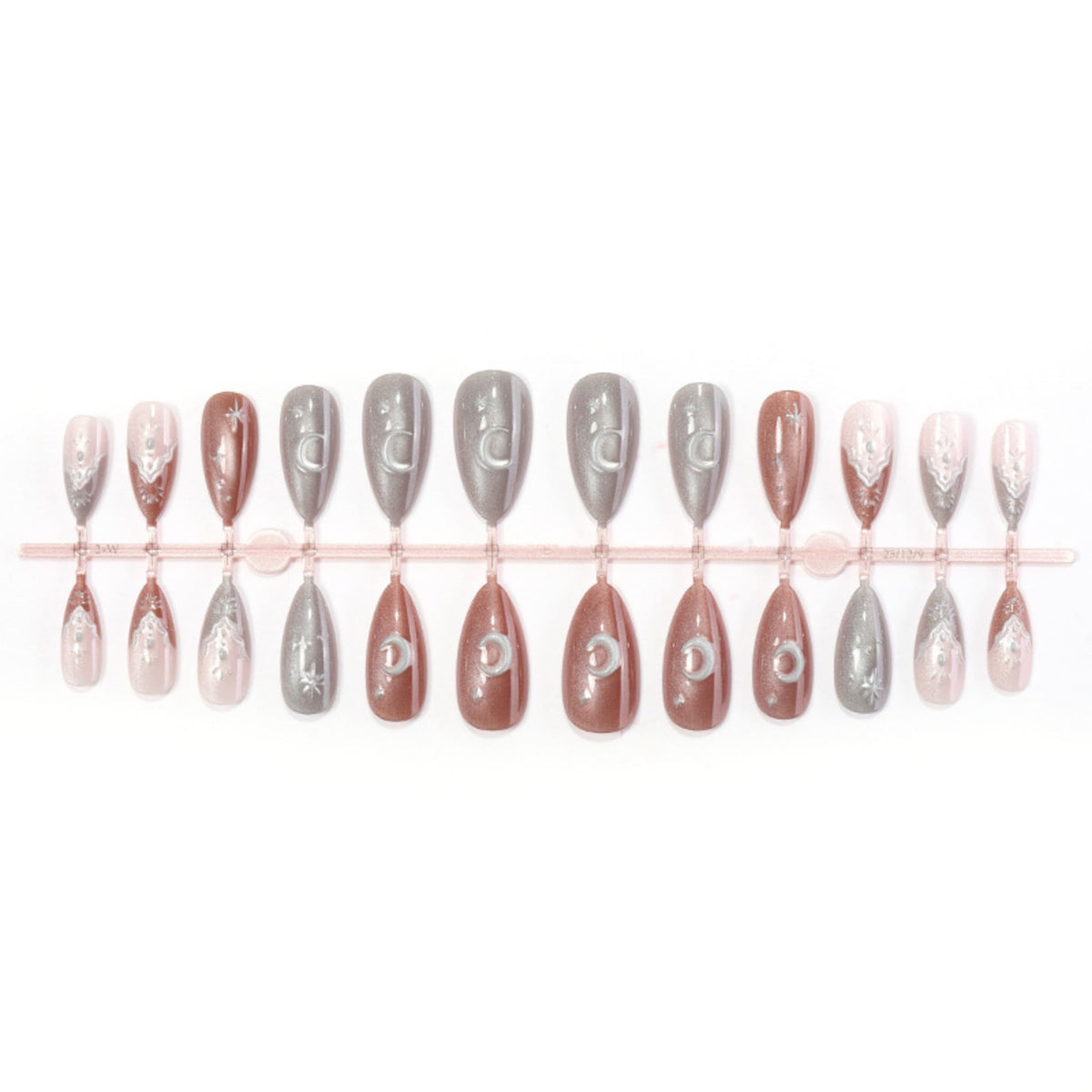 Long Press on Nails Almond Fake Nails Brown and Silver Acrylic Nail Press ons Seeneey Moon and Silver Floral Charm Designs Cat eye Stick on Nail for Women 24pcs