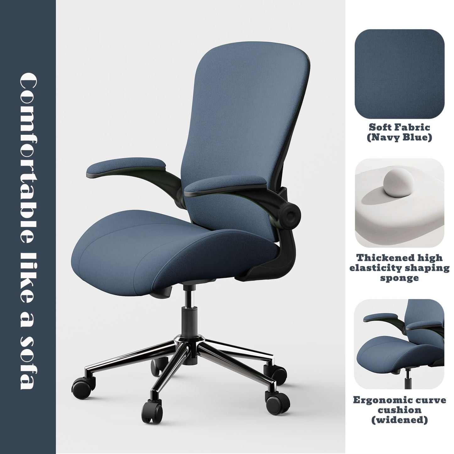 VOTRENIX Blue Ergonomic Office Desk Chair, Soft Fabric Thickened Curved seat Cushion with Adjustable Lumbar Support, Perfect Blend of Comfort and Good Looks, Ideal Chair for Home or Office, Navy Blue