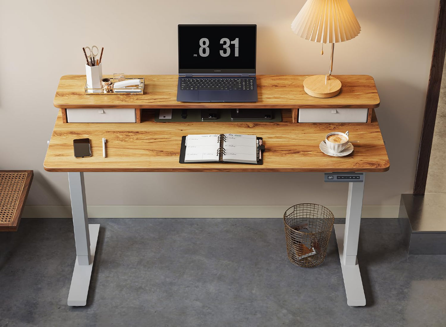 FEZIBO 40 x 24 Inch Height Adjustable Electric Standing Desk with Double Drawer, Stand Up Desk with Storage Shelf, Sit Stand Desk, Light Rustic