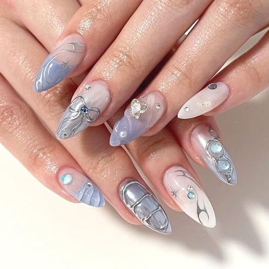 24Pcs Blue French Tip Press on Nails Medium Almond Fake Nails 3D Rhinestone Design French Press On Cute Bow False Nails y2k Silver Star Chrome Full Cover Artificial Glue on Nails for Women