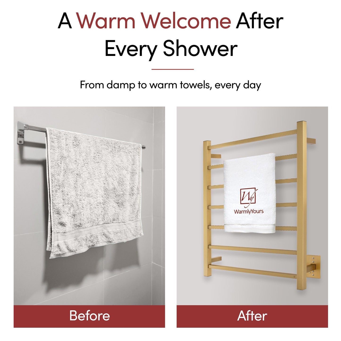 Heated Towel Rack – Brushed Gold Wall Mounted Towel Warmer for Luxurious Bathroom Spa-Like Comfort, 7-Bars, 75 Watts Electric Hardwired UL Certified Safe, WarmlyYours Tahoe