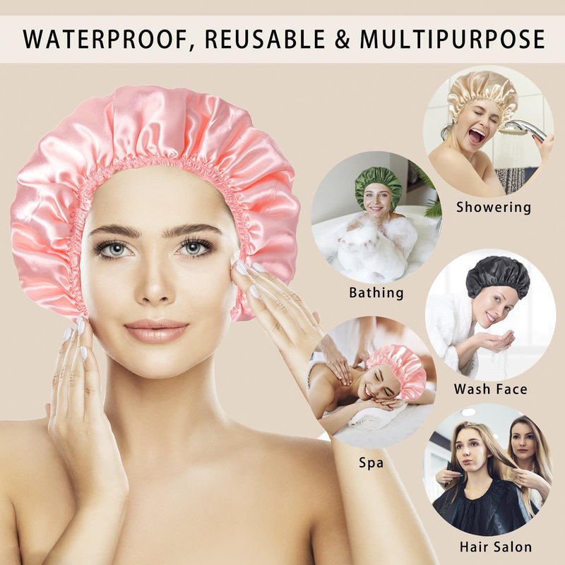 Shower Caps for Women, 4 PCS Elastic and Reusable Bath Caps, Double Layers Shower Cap Reusable Waterproof, Bathing Shower Caps, Environmental Bath Hair Protection Cap - Solid Color B