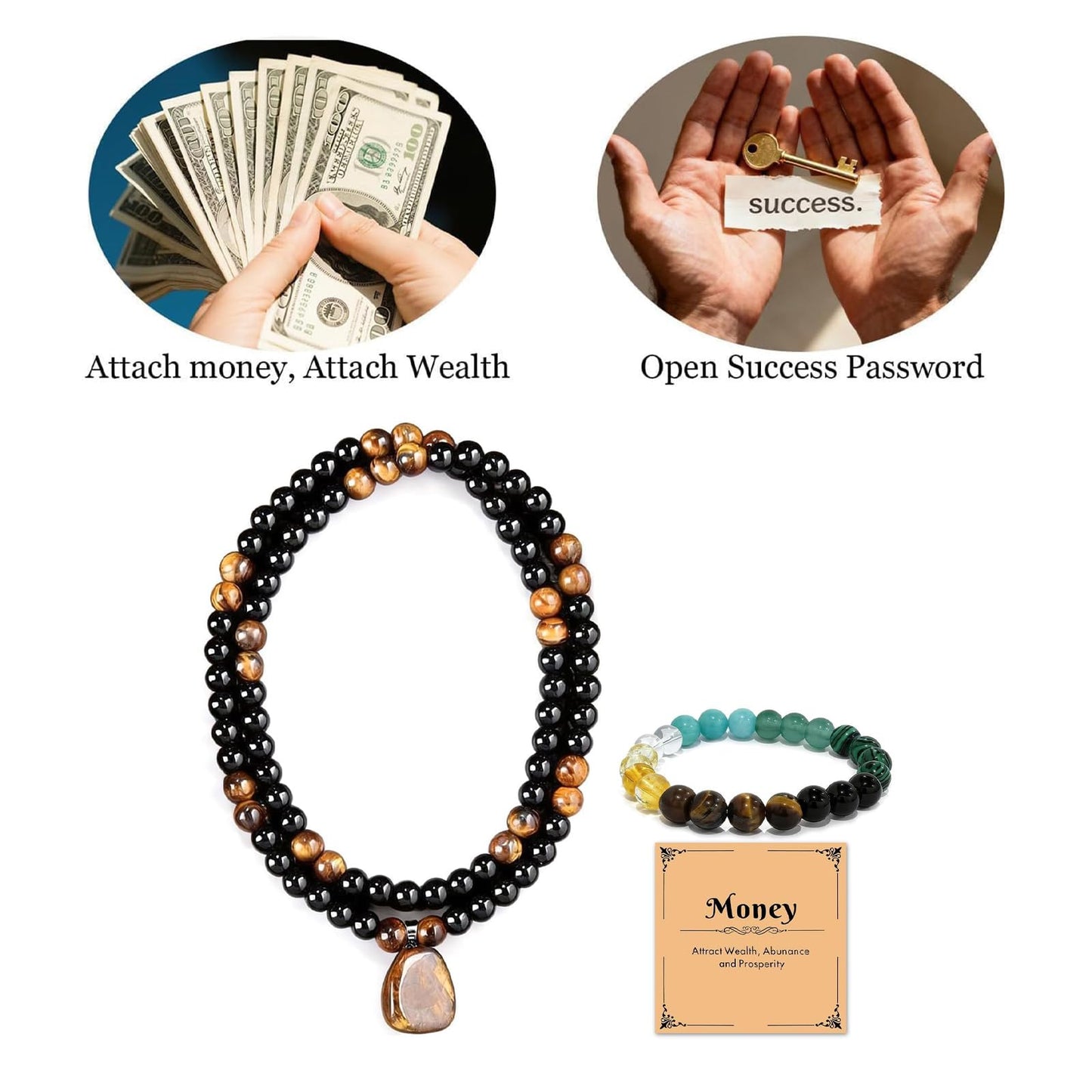 Money Necklace Bracelet Jewelry Set for Women Men Money Attraction Green Beaded Tiger Eye Feng Shui Good Luck Wealth Jade Healing Crystal Stone Long Sweater Chain Anniversary Vacation Jewelry Gifts