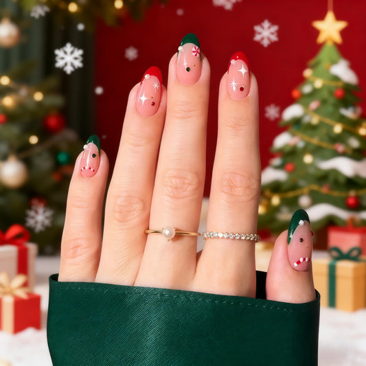 WEIXIWUYU Christmas French Tips Press on Nails Short Almond Fake Nails with Red Green White Rhinestones Designs Full Cover Red Green French Acrylic Nails for Women Girls Manicure Decoration 24Pcs