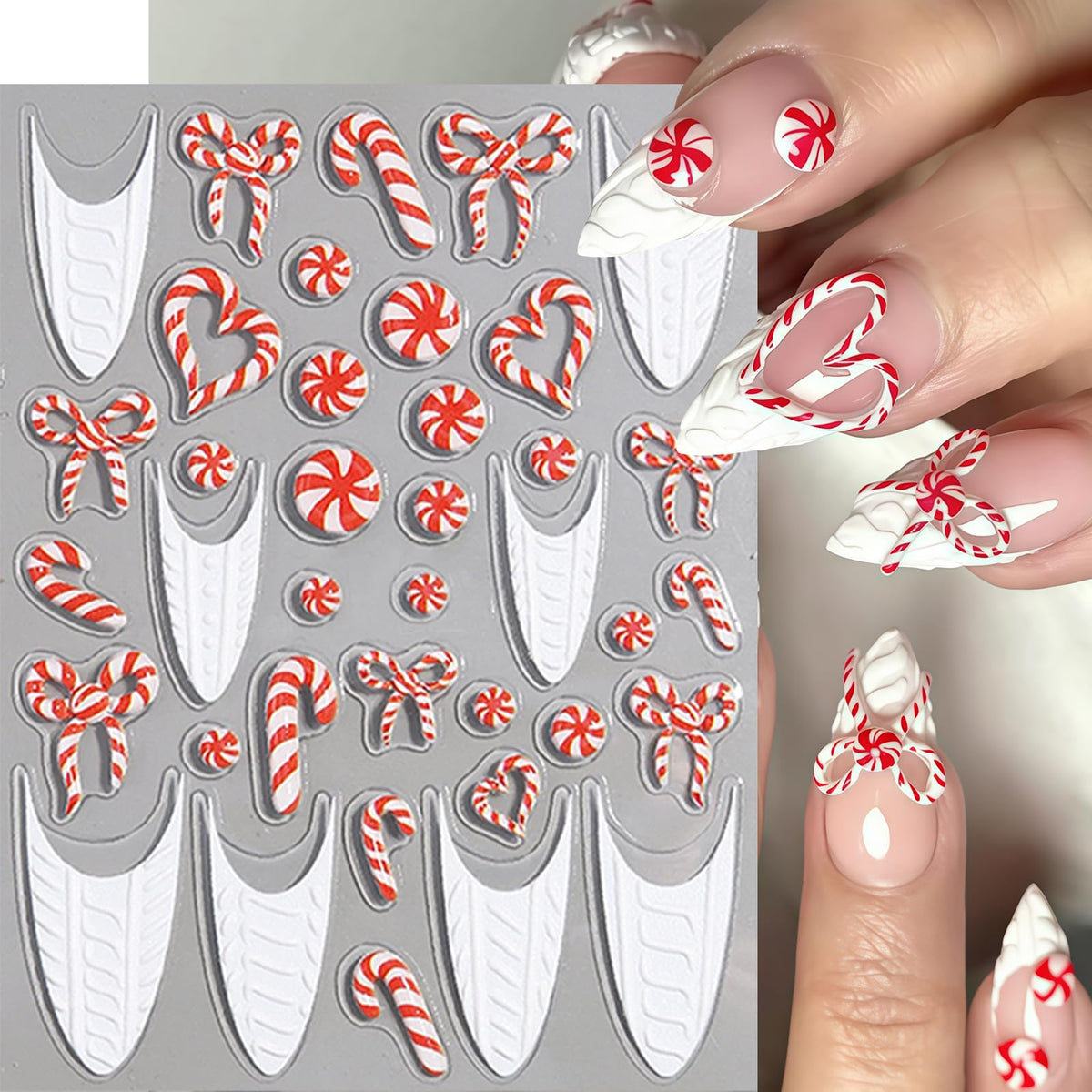 4 Sheets Christmas Nail Art Stickers Candy White French Line Nail Decals 5D Embossed Self-Adhesive Plaid Elk Snowflake Nail Design Nail Decoration for Women Winter Holiday Manicure DIY Nail Supplies
