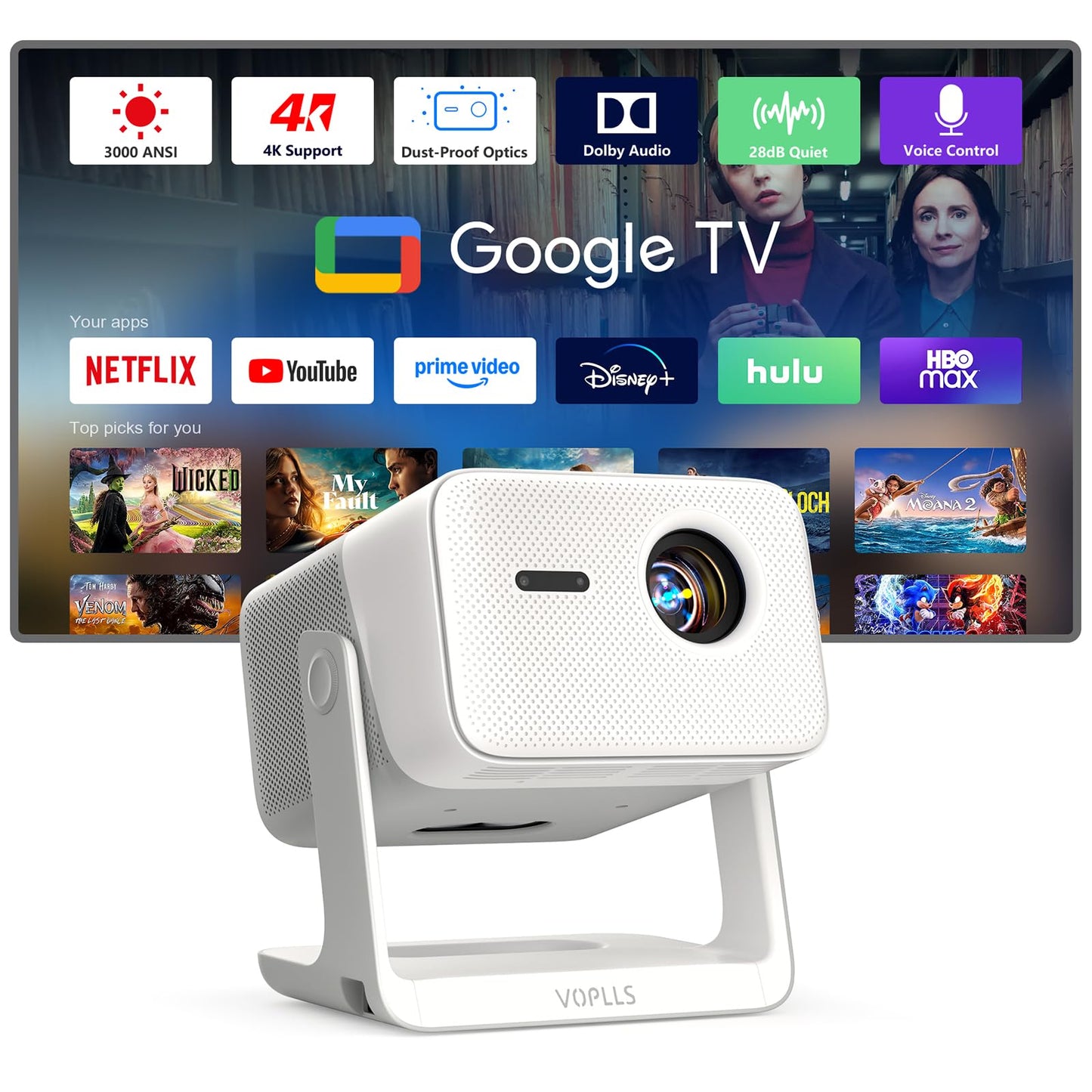 【3000 ANSI Official Licensed Google TV】4K Smart Projector with WiFi and Bluetooth, VOPLLS Outdoor Projectors with Dolby/Auto Focus, Portable Movie Phone Wireless Gaming Wifi Proyector for Bedroom/Home