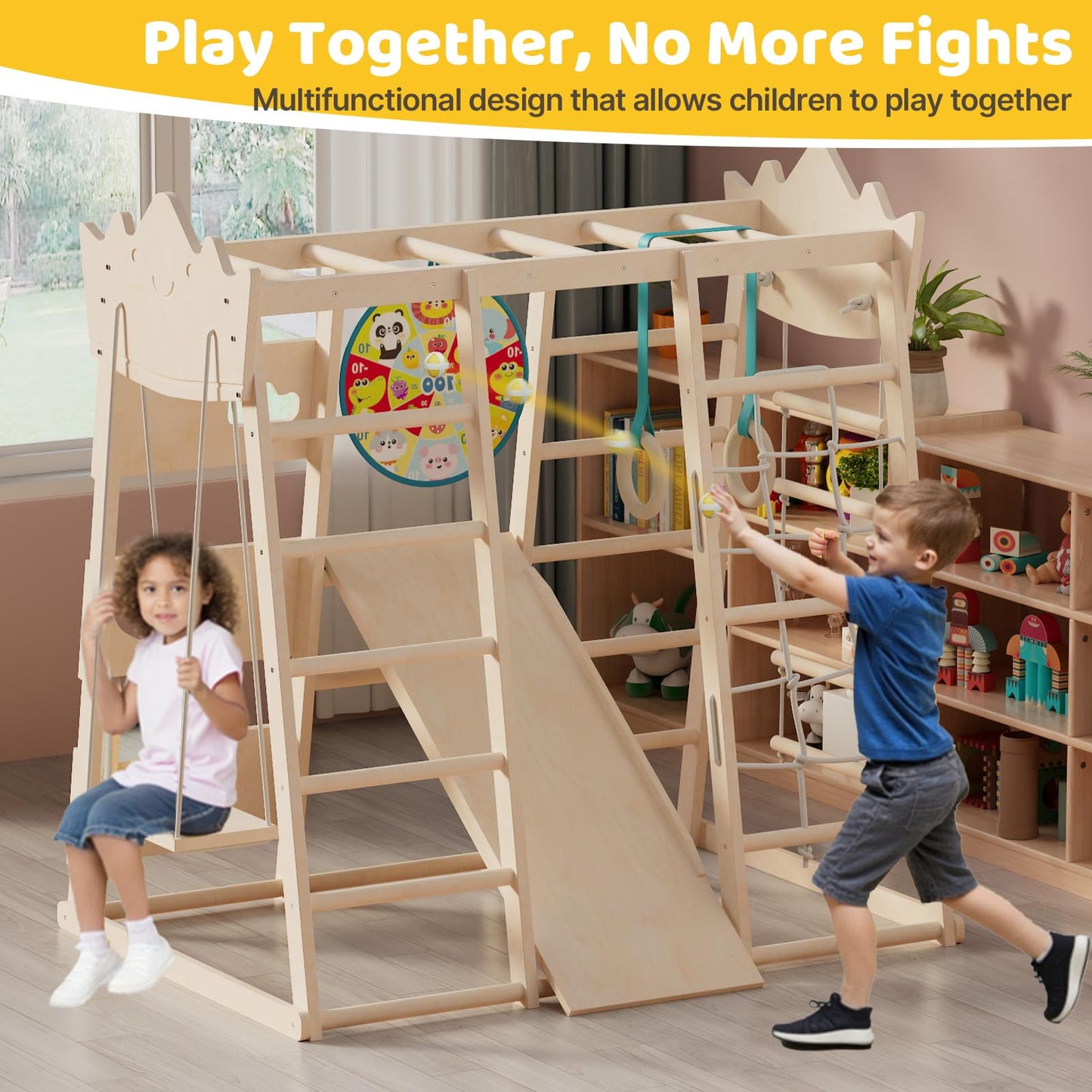 9-in-1 Indoor Jungle Gym, Indoor Playground for Toddlers,Wooden Montessori Climber Playset with Slide, Swing, Monkey Bar, Climbing Rock Climbing Net, Rope Ladder, Climbing Ladder, Rings and Dart Board