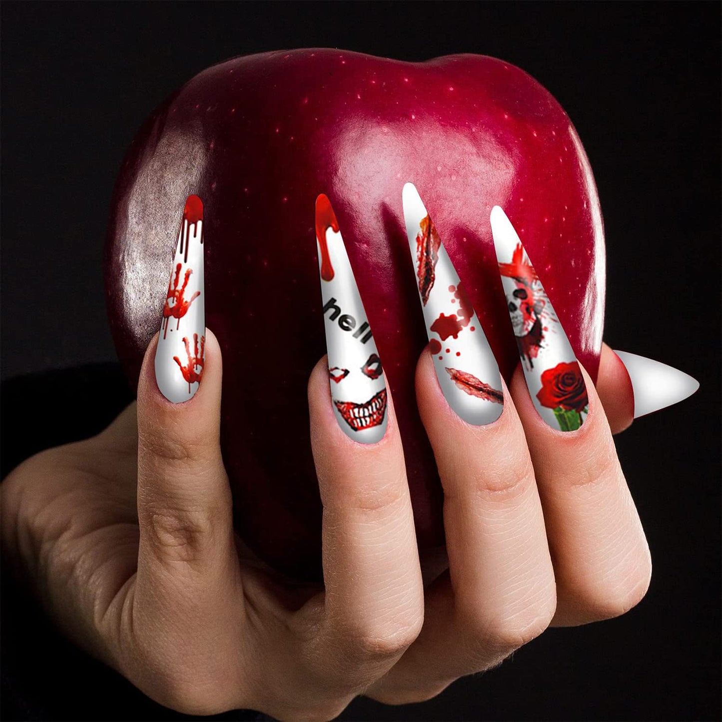 12 Sheets Halloween Nail Art Stickers 3D Self-Adhesive Nail Decals Skull Witch Ghost Horror Mouth Wound Scar Bloody Nail Designs Sticker for Women Girls Kids Halloween Party Supplies