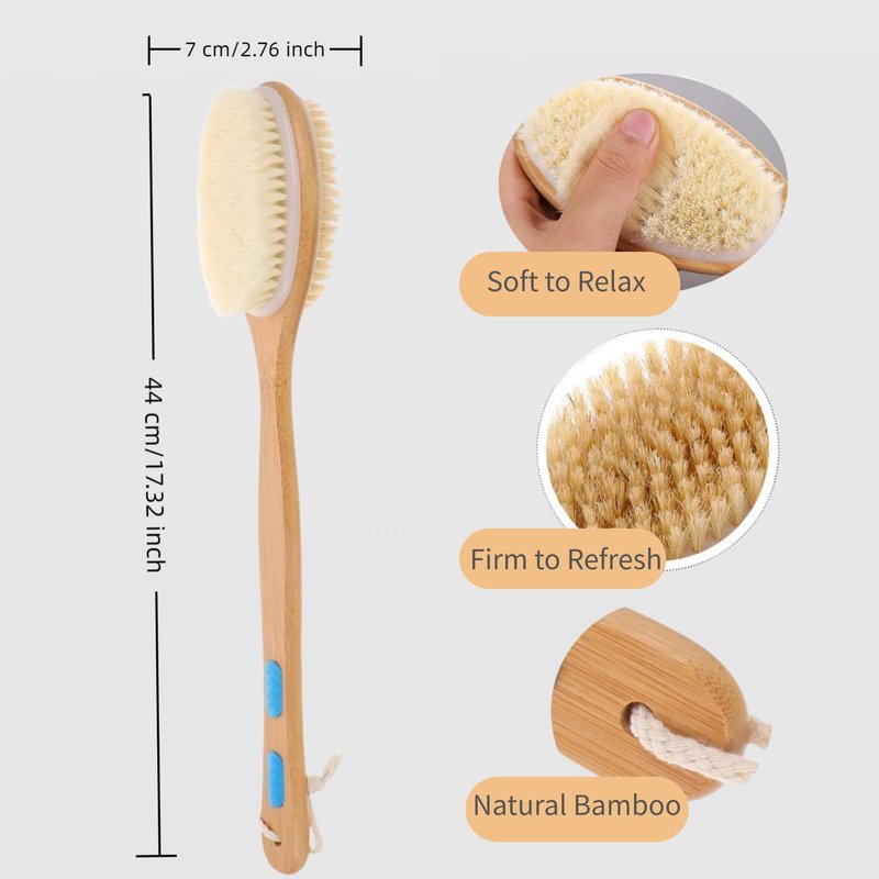Back Scrubber for Shower, Bath Brush with Long Handle, Double-Sided Bamboo Body Brush for Wet or Dry Brushing, Exfoliating Bath Brush with Firm & Soft Bristles for Men & Women, 17.3 Inch