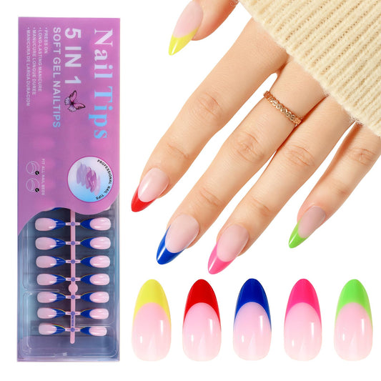 Jellyqueen French Gel Press on Fake Nail Tips, 150Pcs Medium Almond Nail Tips, Multicolor Soft Gel Tips Press on Nails Fake Nails for Nail Art DIY 15 Sizes (A16-01-08)