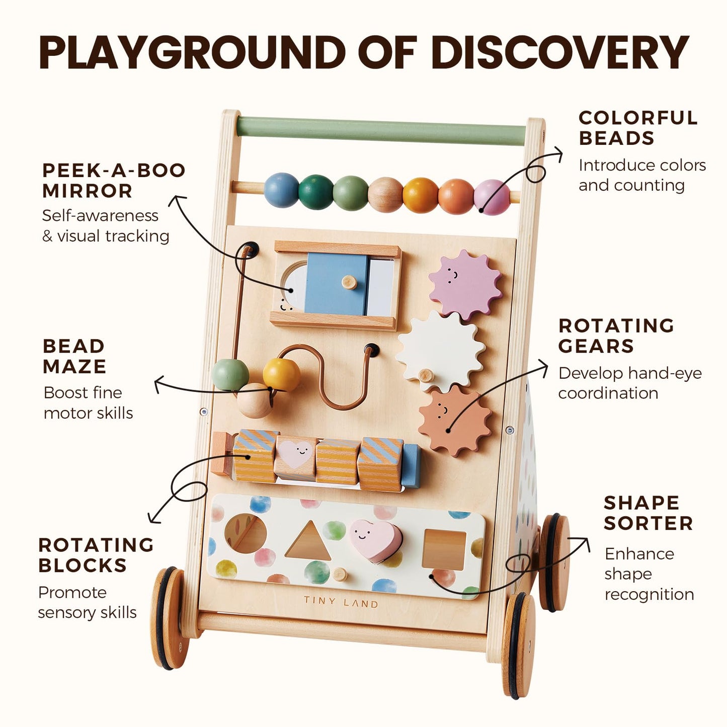 Tiny Land Wooden Baby Walker with Adjustable Speed, Montessori Activity Push Walker Toy for Toddlers, Baby Gift Parents Love for Boys & Girls(Morandi)