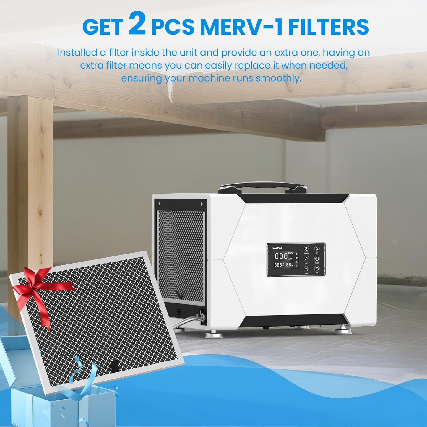 CADPXS Crawl Space Dehumidifier with Pump and Drain Hose, 80 Pint Crawlspace Dehumidifier for Commercial, Basement, Water Damage Use, Auto Defrost, Memory Start, cETL Certified, Up to 1000 Sq Ft
