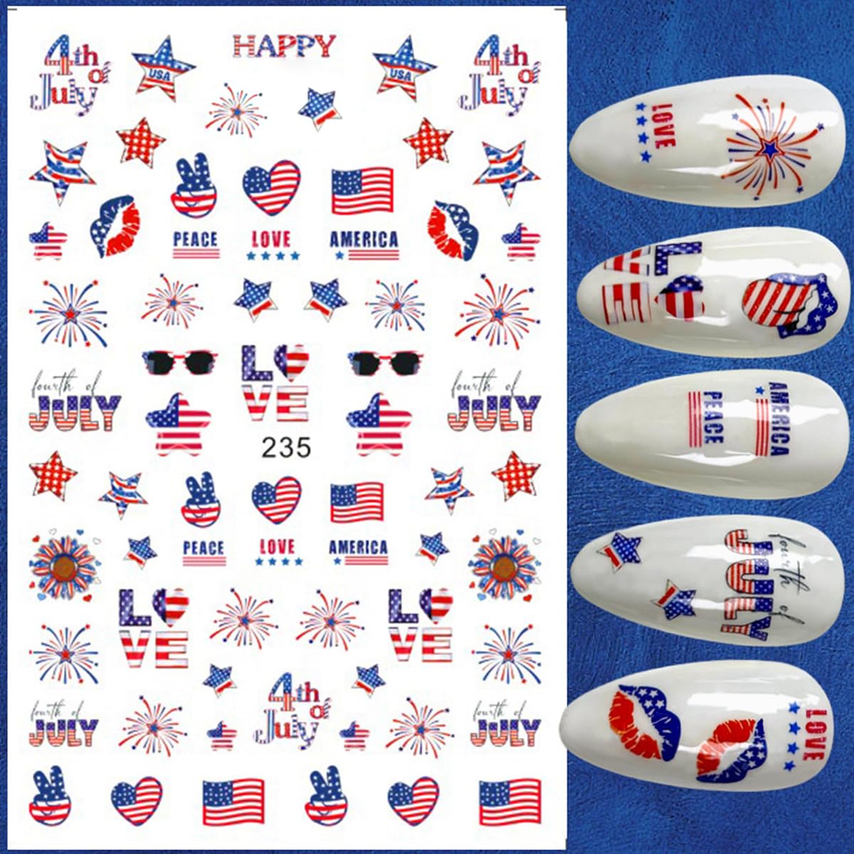 6Pcs/Celebrate 4th of July Nail Stickers for Nail Art Set - Independence Day Fireworks USA America UK Flags Adhesive Nail Art Sticker Decals DIY Patriotic Manicure Sliders Decorations Supplies