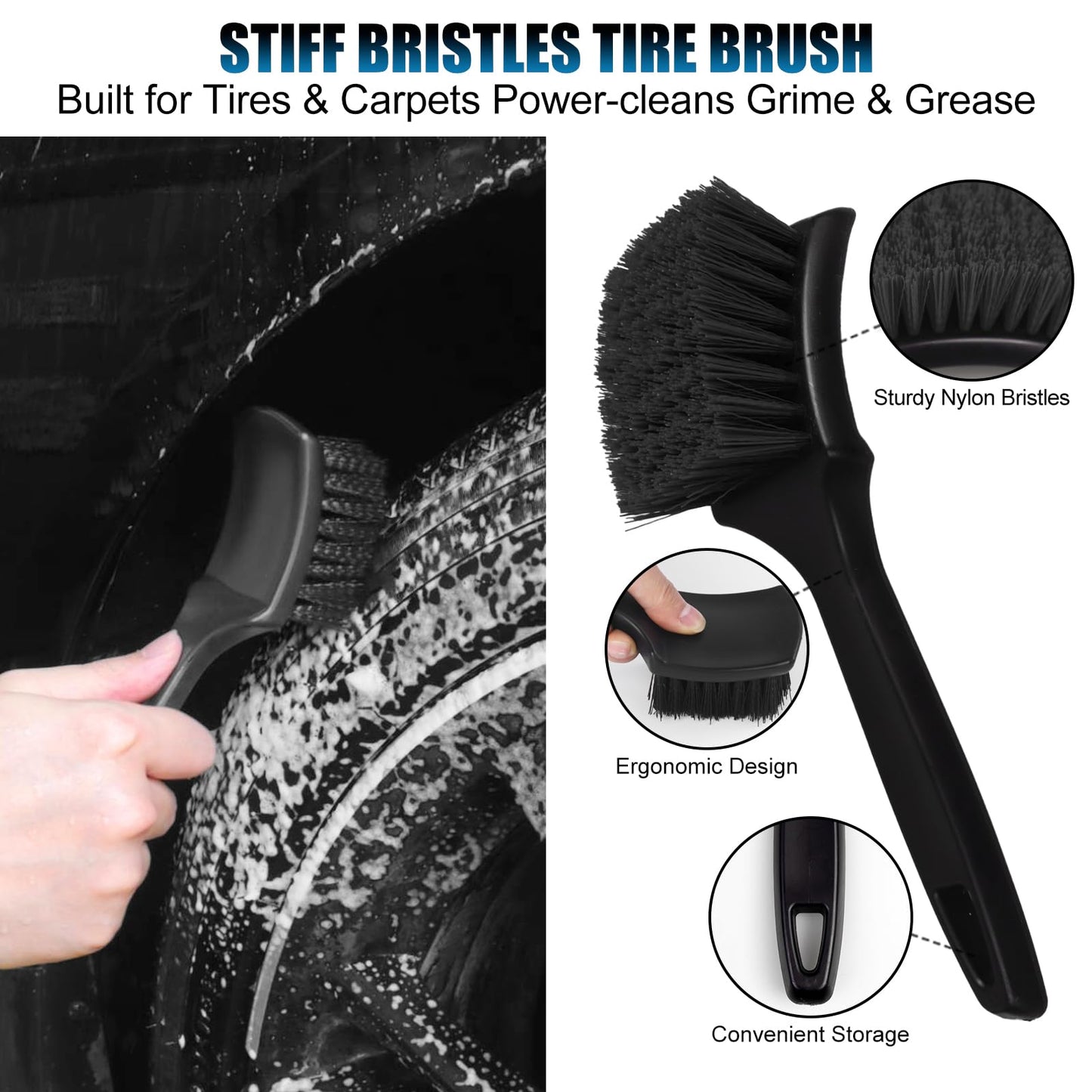 8Pcs Wheel Brush, Tire Brush, Wheel Cleaner Brush Set - 2 Soft Wheel Cleaning Brushes, Detailing Brush & Hard Tire Scrubber, Flexible and Durable Rim Cleaning Brush Kit for Wheels and Tires