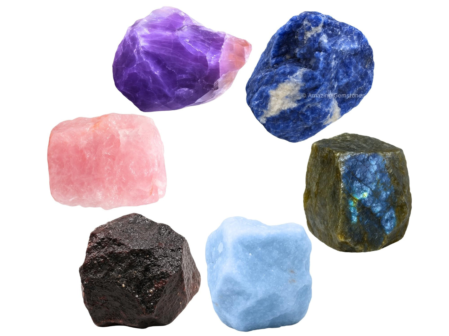 Amazing Gemstone Crystals for Anxiety Manifestation, Set of 6 Amethyst, Sodalite, Labradorite, Angelite, Garnet and Rose Quartz Healing Crystals and Stones