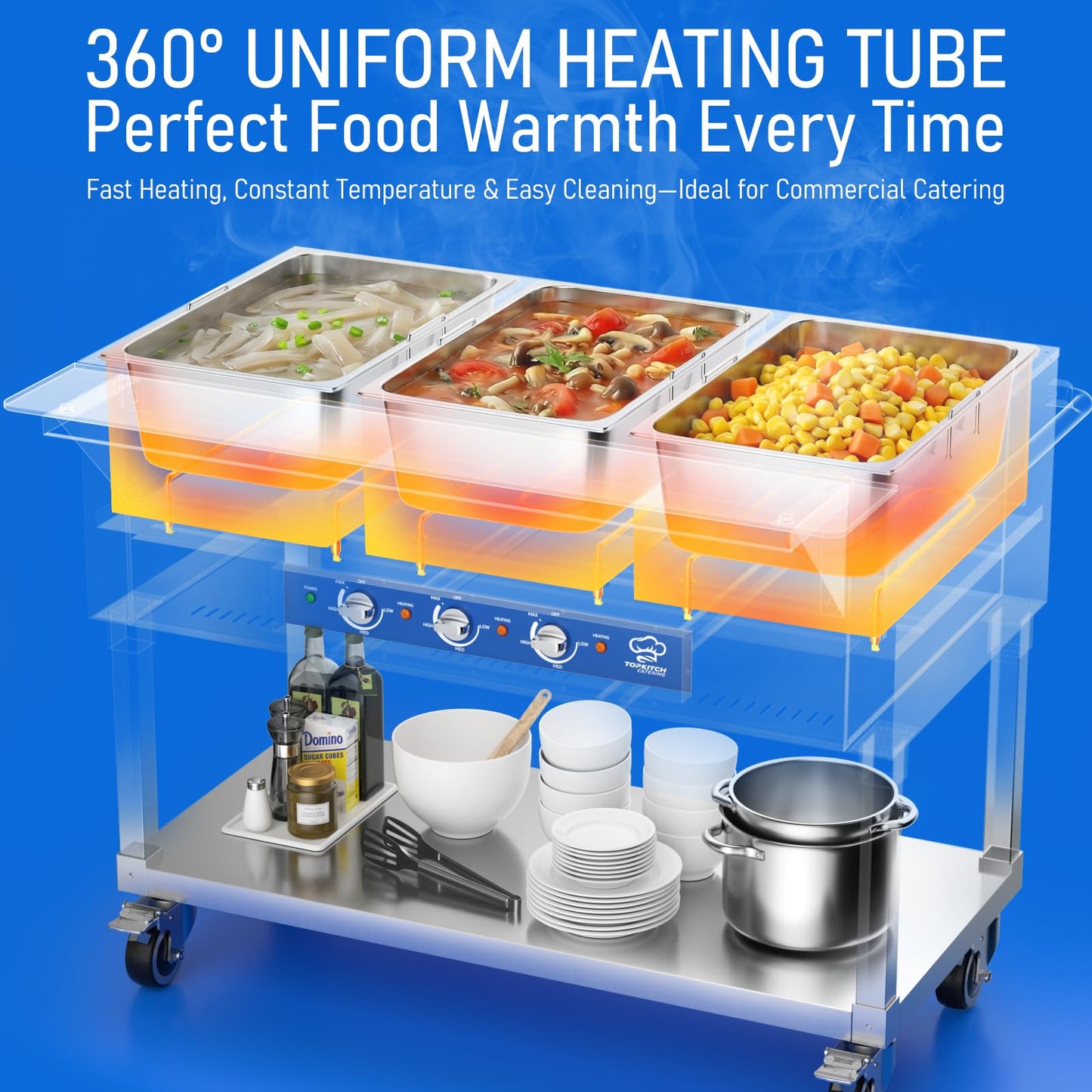 TOPKITCH Commercial Electric Food Warmer Soup Station - 3 Independent 19.5L Pans with German EGO Thermostat, Rolling Stand with Adjustable Shelves for Restaurant, Catering, Party