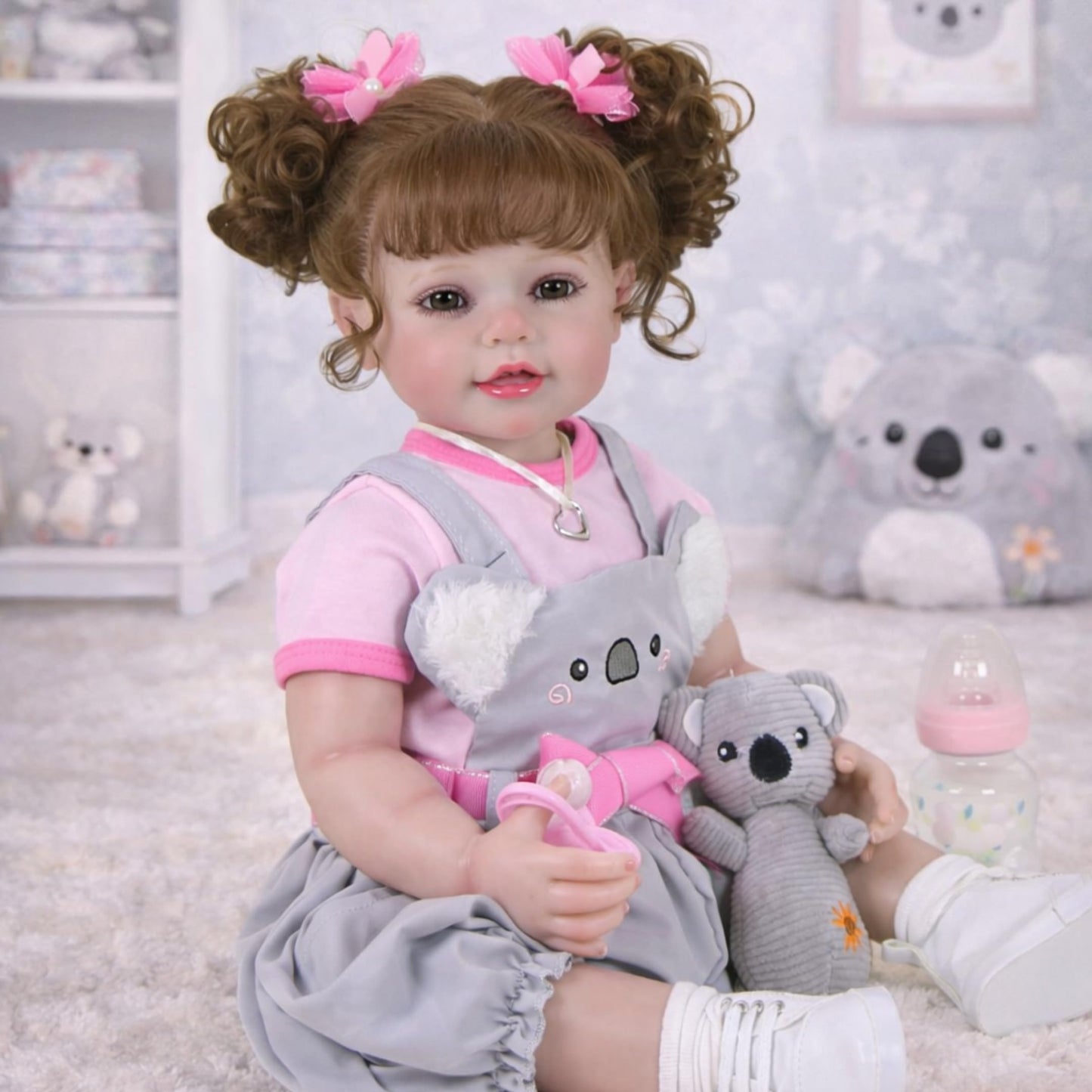Koala Cuddles – 22” Realistic Reborn Toddler Girl Doll with Rooted Hair, 3D Hand-Painted Face & Full Soft Vinyl Body – Pink & Gray Outfit, Plush Animal, Pacifier, Bottle & Accessories – Ages 3+