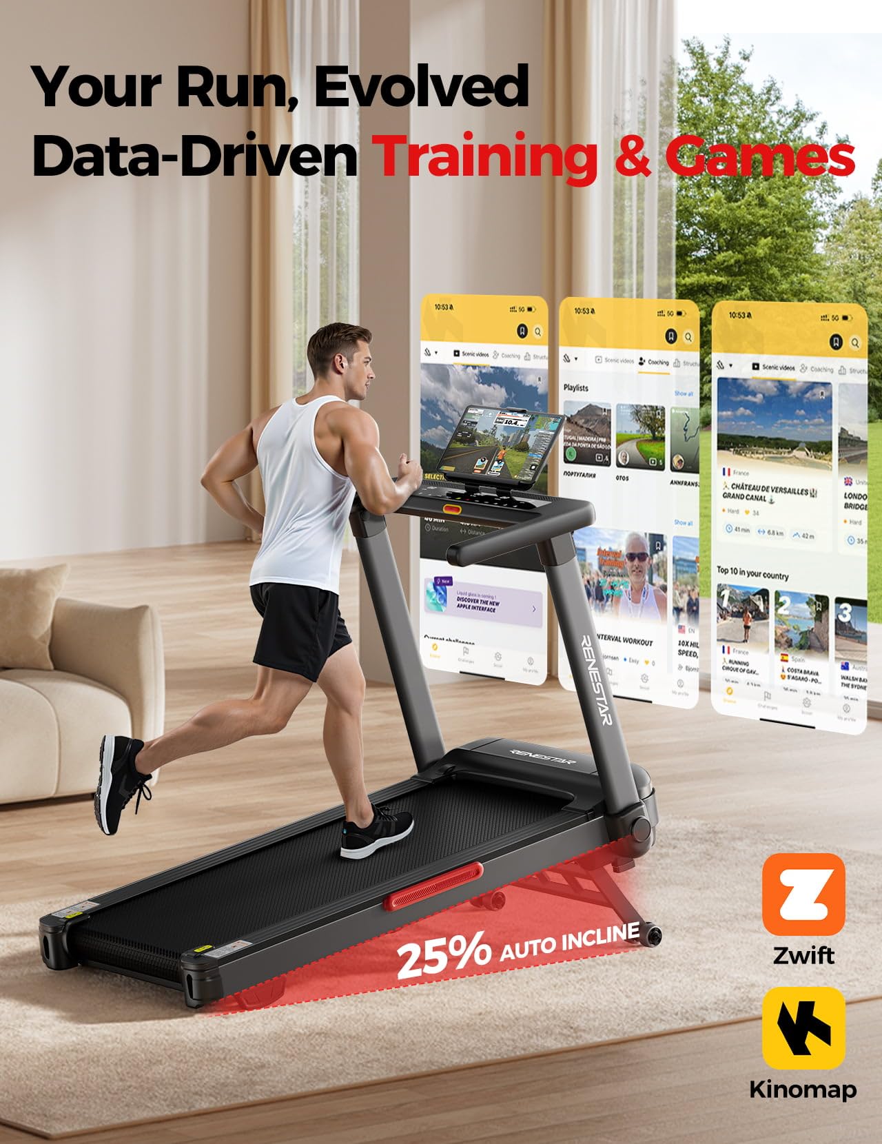 Renestar Treadmill for Home with 25% Auto Incline - 8.5MPH Max Speed, Extra Large LED Touchscreen, 300LBS Capacity, Bluetooth Speaker, 3.5HP Home Office Treadmills for Running Jogging Walking