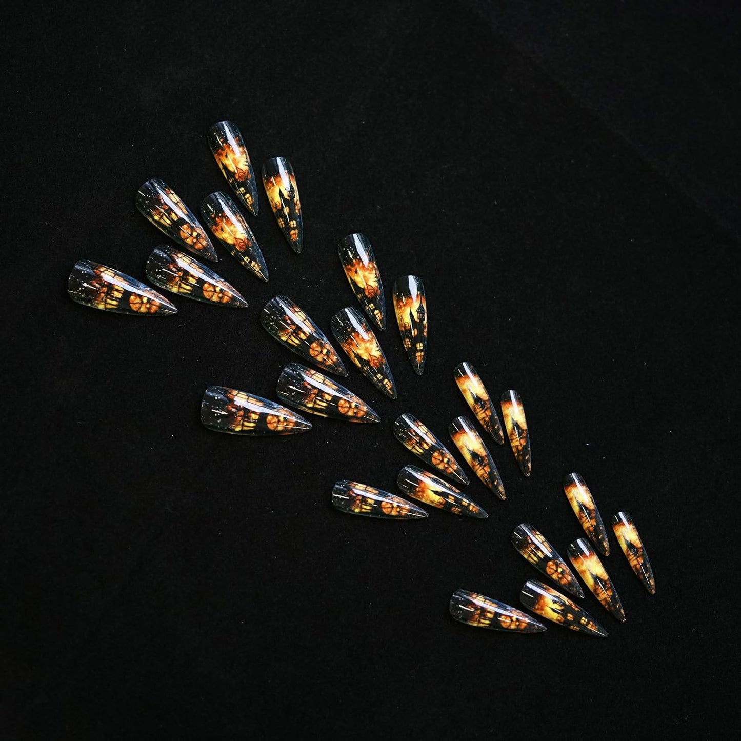 Almond Tip Halloween Press on Nails Long Length Flame Castle Pattern Design Halloween Nail Full Cover Glossy Artificial Acrylic False Nail Black French Tip Festival Stick on Nails for Women Supplies