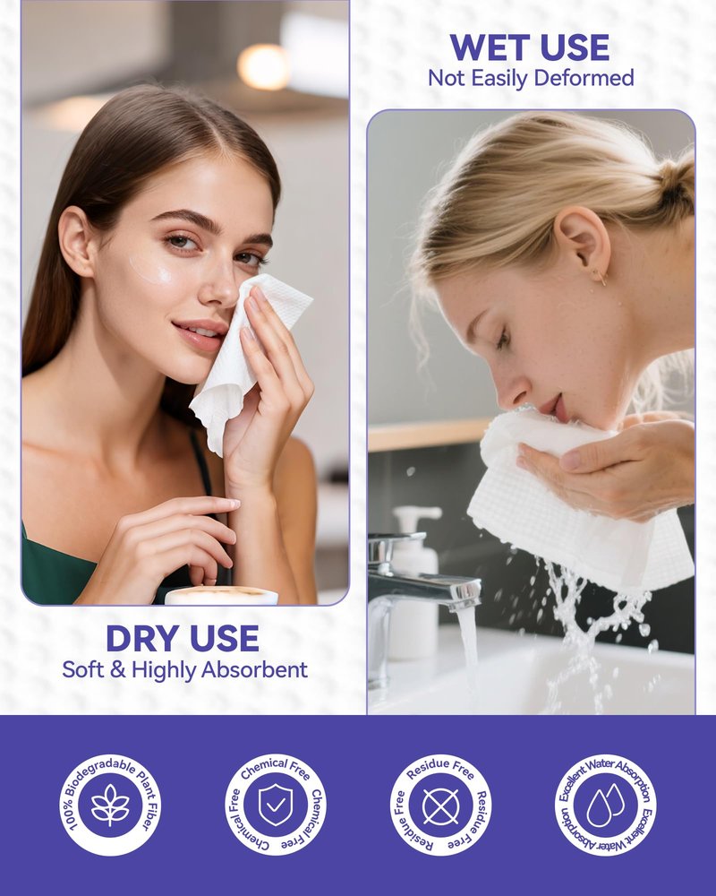 Jolly Care Disposable Face Towels, 10"×12" XL Face Towelette Disposable, Soft Makeup Remover Dry Wipes, Thick Facial Tissue for Women Cleansing, Skin Care, 50 Count (4 Pack)